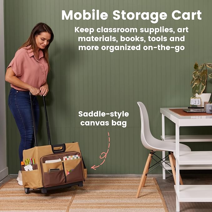 ECR4Kids Universal Rolling Cart with Canvas Organizer Bag, Mobile Storage, Dark Grey/Grey | Durable plastic, 30 compartments, adjustable handle, 40 lb capacity, collapses to 3" thick, rolling wheels for easy transport - Image 3
