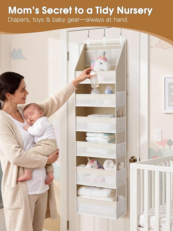 2 Pack Over the Door Organizer, 6-Shelf Closet Hanging Storage with 13 Mesh Pockets, 55lbs Capacity Behind the Door Storage for Baby Nursery, Bathroom, Bedroom, and Dorm, Beige - Image 3