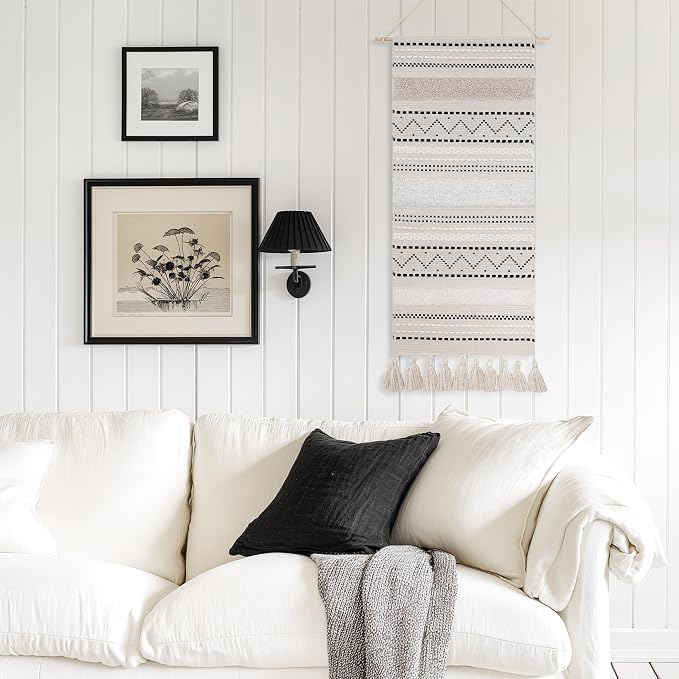 BlissBlush Long Vertical Wall Hanging Tapestry Woven Boho Farmhouse Decor Black Beige Cream Tassel Handmade Wall Art Decoration for Bedroom Living Room Dorm Nursery Apartment, 16x39 INCH - Image 4