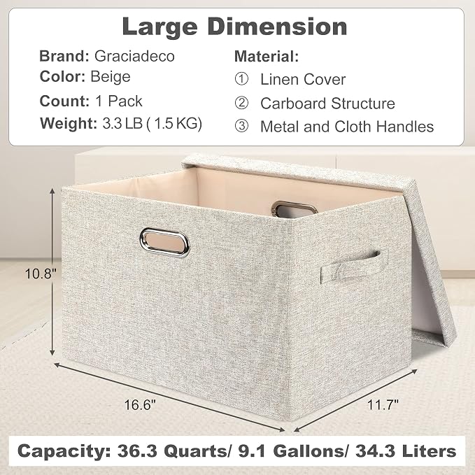 Graciadeco Large 17 36 Quart Collapsible Stackable Storage Bins with Lids, 1 Pack Beige Foldable Fabric Closet Storage Boxes with Lids, 4 Handles Toy Heavyduty Dark Gray Linen Storage Cube Box | 36 Quart 1 Pack Beige Collapsible Stackable Linen Fabric ... - Image 2