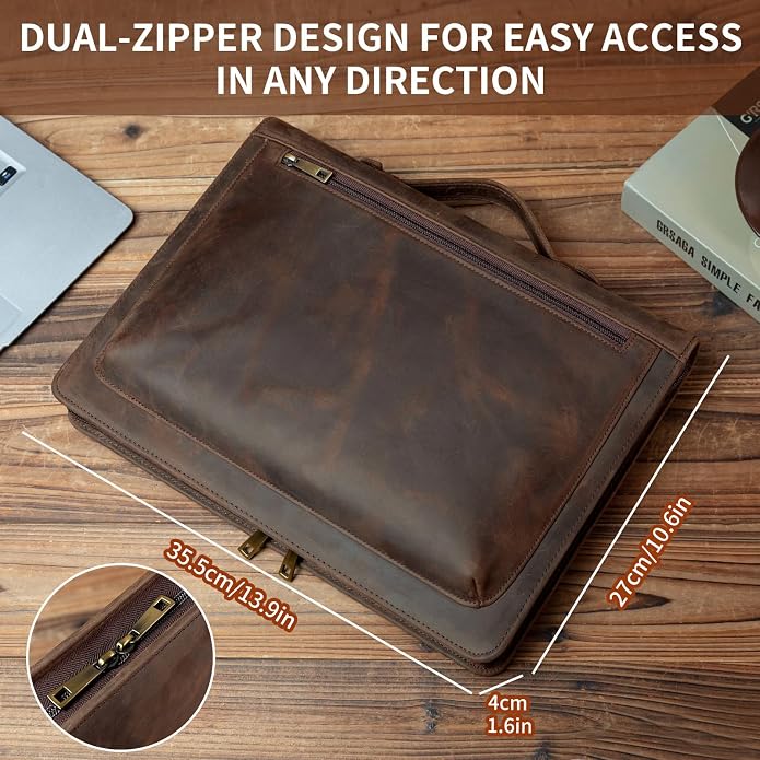 YIWEN Leather Portfolio with Handle, Zippered Front Pocket and Clip - Image 2