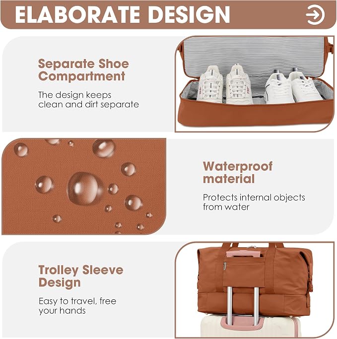 Oeihuivt Weekender Bags for Women 21 Inch Large Travel Duffel Bag Set with Shoe Compartment, Heavy-Duty nylon Carry On Overnight Tote Brown - Image 4