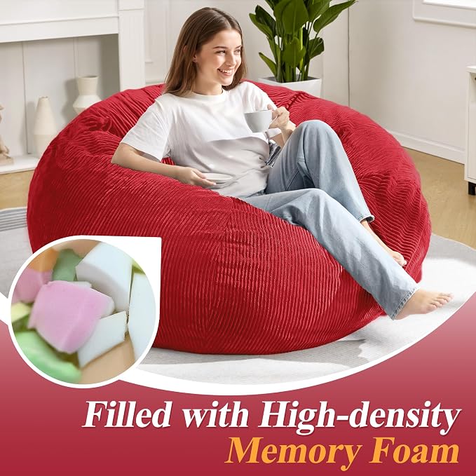 5FT Bean Bag Chair for Adults,Gaint Teardrop Beanbag with Filler | Beanbag Chair with Memory Foam Filled,Bean Bags with Handy Handle&Machine Washable Cover for Living Room,Bedroom-Red - Image 4