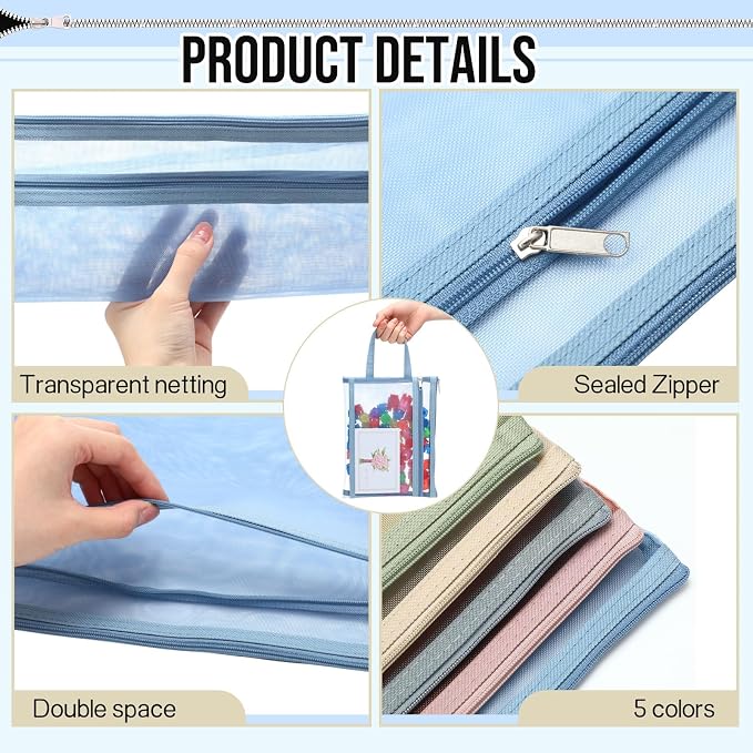 25 Pack Colored Mesh Zipper Pouch Bags Double Layer Nylon Puzzle Bags A4 Zipper Pouch with Handle for Toy Organizer Storage School Office(Gray, Blue, Vermilion, Khaki, Green) - Image 3