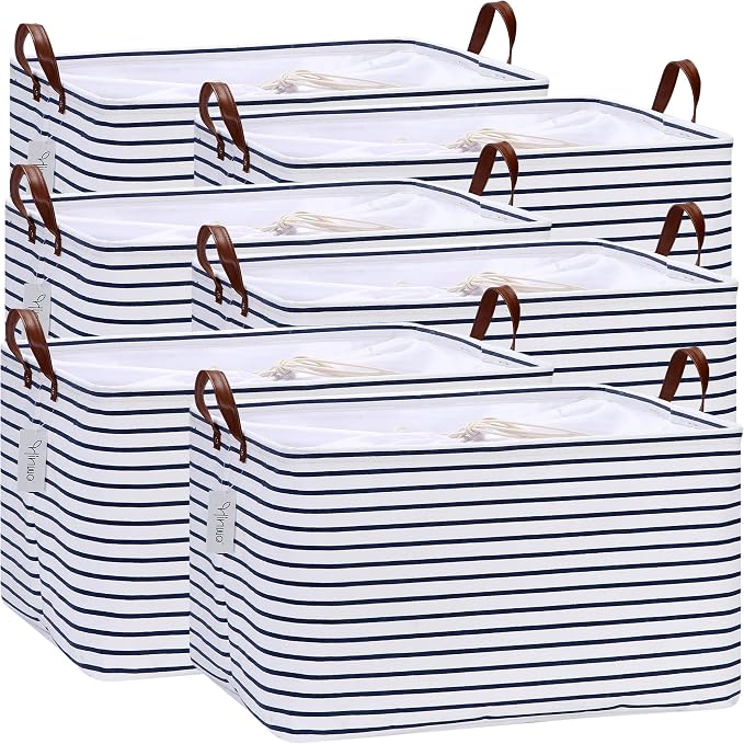 Hinwo 70L Extra Large Canvas Storage Bin with Lid and Handles, 6-Pack | Collapsible Fabric Baskets, Closet Shelf Organizers, Containers for Clothing, Blankets, Toys, Bedding (Navy Stripe) by Hinwo