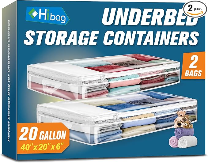HIBAG 20 Gallon Under Bed Storage Containers, Underbed Clothing Storage Bins, Clear Plastic Organizer with Reinforced Handles, for Clothes Comforters Blankets Towels Pillows Bedding (2 Pack) by HIBAG