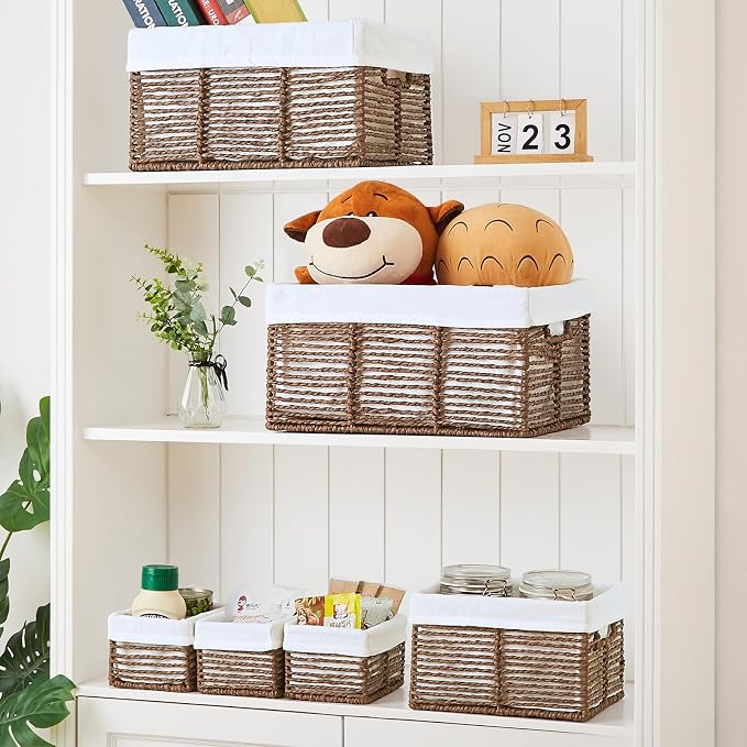 Wicker Storage Basket, 6 Pack Baskets for Organizing, Wicker Baskets with Handle, Rectangular Woven Basket for Storage Shelves, Cube Storage Bins for Closet/Clothes/Dresser, Brown - Image 5