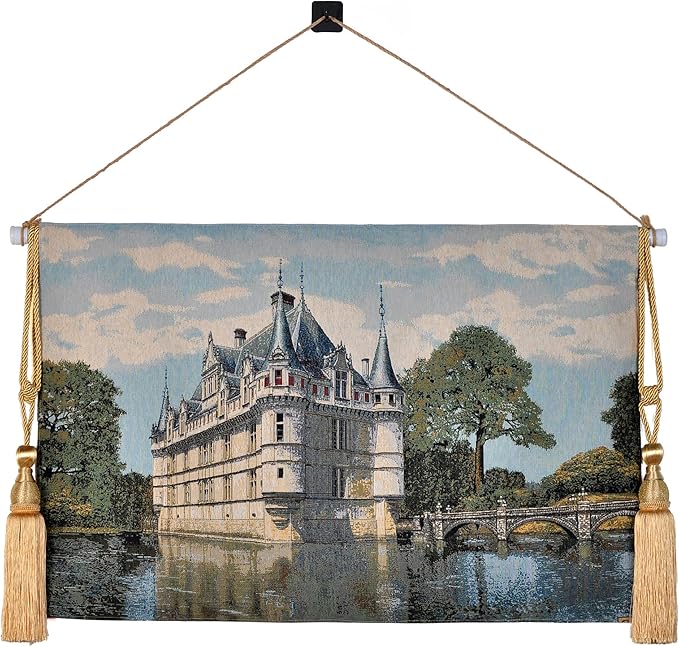 Vintage Nature Tapestry Wall Hanging Set with Telescopic Rod & Tassels - Jacquard Woven Fabric Aesthetic Country Landscape Wall Tapestry for Bedroom/Living Room Decor Green Art (42"x27") (Soft - toned, historic castle by the water) by Unknown
