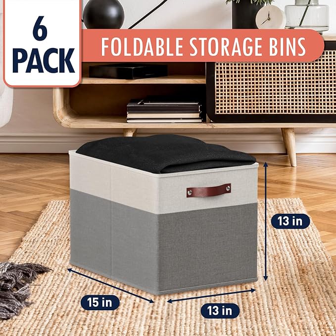 Ornavo Home 13x15x13 Foldable Fabric Storage Cube Bins, 6 Pack, White/Gray | Collapsible Linen Shelf Basket Organizer; Leather Handles; Fits Cube Storage Shelving Units - Image 3