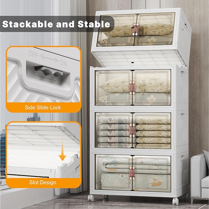 Stackable Storage Bins, 1440QT Collapsible Drawers with 2 Lids | Large Capacity, Magnetic Door, Stack Lock, Rolling Wheels, Foldable Design, Organizers and Storage for Bedroom Dorm Garage - Image 8