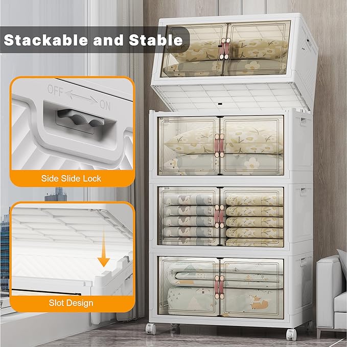 Stackable Storage Bins, 1440QT Collapsible Drawers with 2 Lids | Large Capacity, Magnetic Door, Stack Lock, Rolling Wheels, Foldable Design, Organizers and Storage for Bedroom Dorm Garage - Image 8