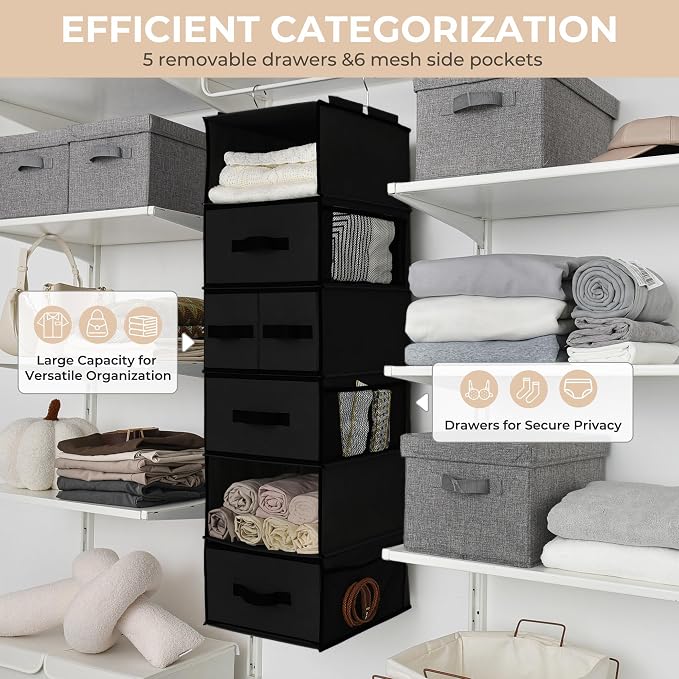 GRANNY SAYS Hanging Closet Organizer, 5 Drawers, 6 Shelves, 6 Pockets | Hanging Closet Organizer with 5 Different Drawer Designs, 6 Shelves & Reinforced Structure for Organized Small Spaces, Black - Image 5