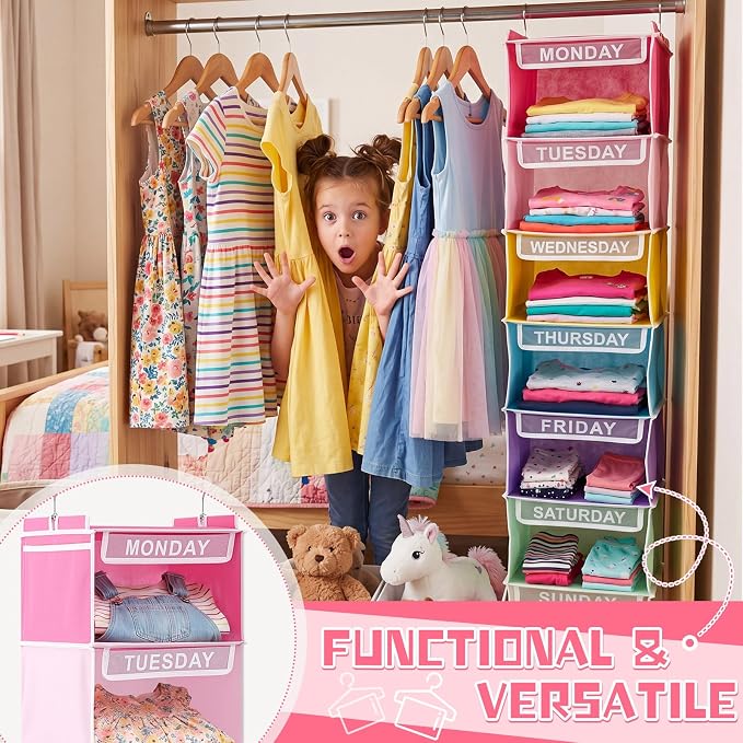 2 Pcs 7 Shelf Weekly Clothes Organizer for Kids Hanging Closet Organizer 11. 8 x 11. 8 x 50 Inch Daily Activity Kids Clothes Storage Drawers Cube Drawers Closet Hanging Shelves (Pastel Color) - Image 3