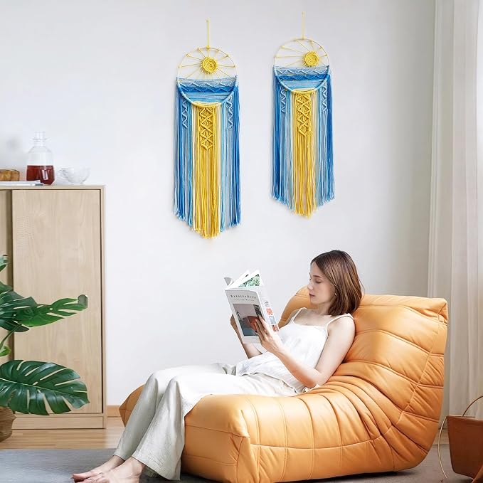 Artilady 2 Pack Macrame Hanging Tapestry Sun Wall Decor, Boho Dream Catcher | Large Tapestry, Handmade Woven, Farmhouse Rustic, Blue Sun Wall Art Set, Bedroom Living Room Entryway Home Decor - Image 2
