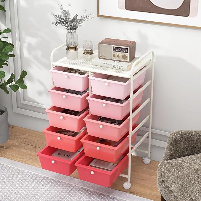 10 Drawer Rolling Cart, Storage Cart Organizer on Wheels, Drawer Cart with Metal Frame & Large Storage Capacity, Rolling Cart with Drawers for Living Room Classroom, Office - Image 8