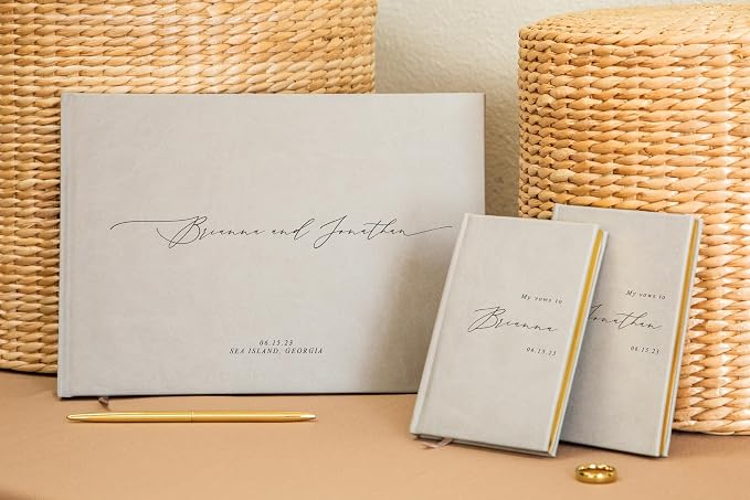 Personalized Wedding Book Set with Guestbook Vow Books (Design 1) - Custom Large 11.5 x 8.5 Guest Signin Book, 5.75 x 4 Vow Books for Marriage Ceremony Reception, Gift for Newly Engaged Couple, Taupe - Image 6