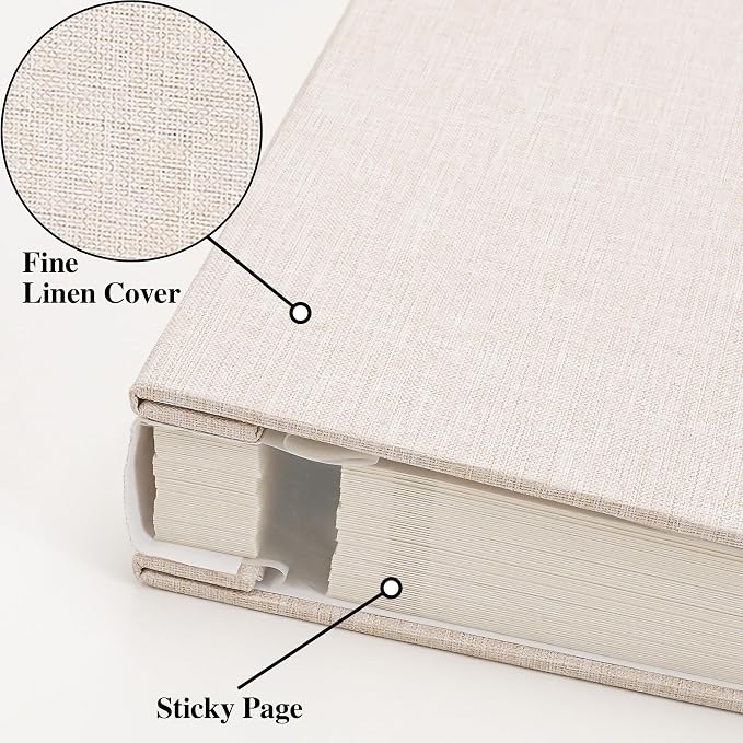 Vienrose Self Adhesive Photo Album Arch Window Scrapbook 120 Pages Beige | Linen Cover, 12.6x12.99 Inch, Memory Book, Blank Inner Page, Three Metallic Pens - Image 2