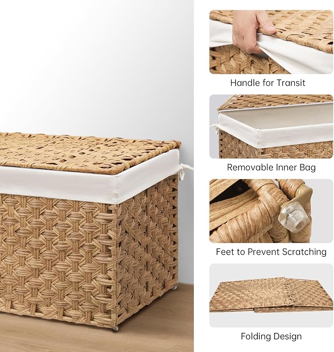 Wicker Storage Basket with Lid, 27.7 Gallon (105L) Large Blanket Basket with Lid, Woven Storage Bin with Handles, Removable Liner, Metal Frame, Foldable, for Bedroom, Laundry Room, Natural - Image 4
