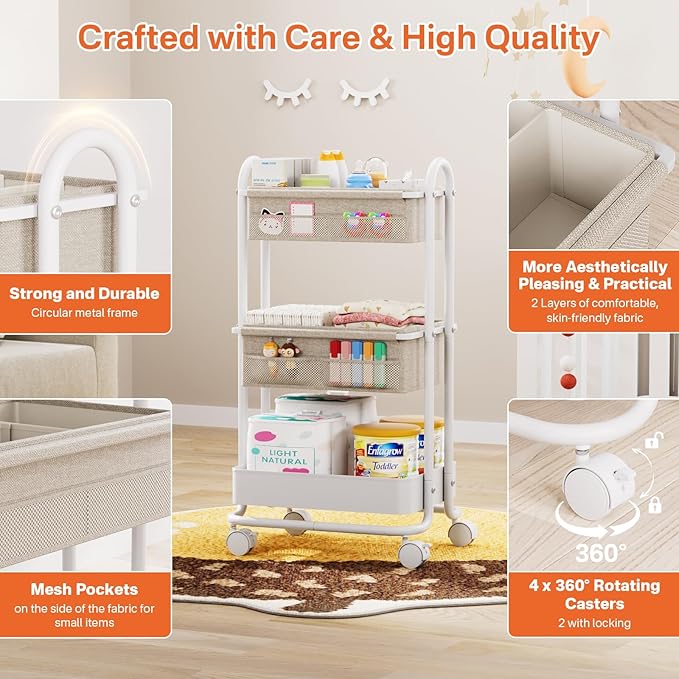 Modanais Baby Diaper Caddy Organizer Cart - 3 Tier Rolling Cart, Off White | Lockable Wheels, Baby Essentials Nursery Storage, Detachable Dividers - for Crib, Bedroom, Art & Craft Organizer - Image 3