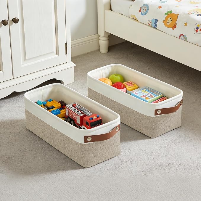 Small Fabric Storage Baskets, 15x6x5 inch Narrow Storage Bins 4-Pack Long Storage Basket for Organizing with Handles, Decorative Basket for Closets, Shelves, Toilet Paper, Beige - Image 3