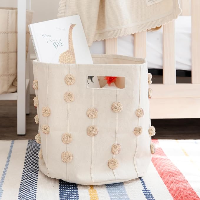 Storage Bins for Kids Nursery Bin Organizer (13"x12") Laundry Basket for Closet, Decorative Floor Storage Basket Canvas Fabric Storage Basket (Pompom - Pecan) by MakemakeOrganics