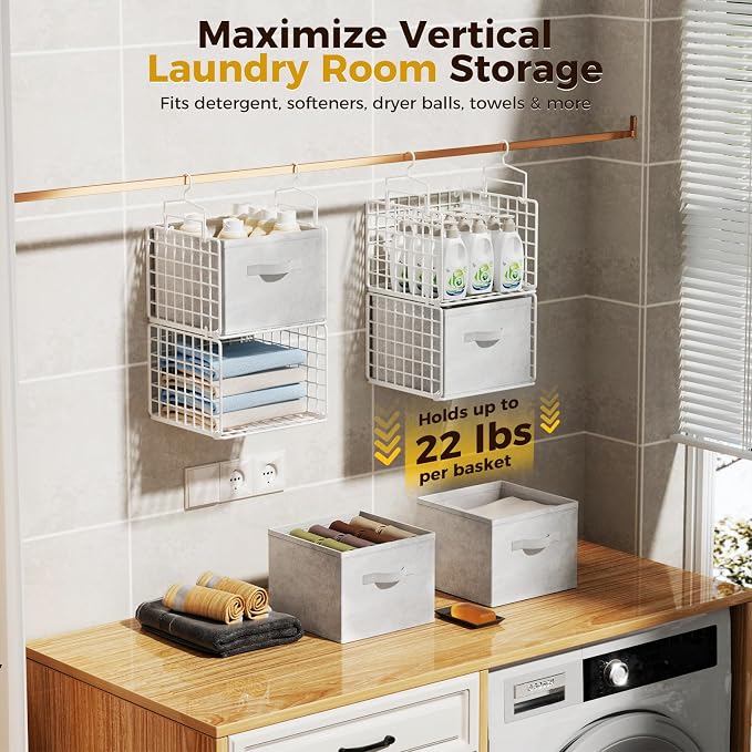 4 Tier Hanging Closet Organizer with 4 Drawers, White | Metal Hanging Shelves with 4 Hanging Hooks for Wardrobe Laundry Garage, No Sagging, Modular Design, Space Saving - Image 7
