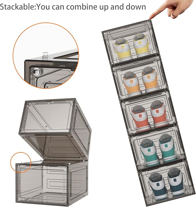 HOMIDEC Shoe Storage, 8 Pack Shoe Organizer Clear Hard Plastic Shoe Box | Shoe Boxes Clear Plastic Stackable, Shoe Storage Box with Lids for Size 13, Clear Smoke - Image 5