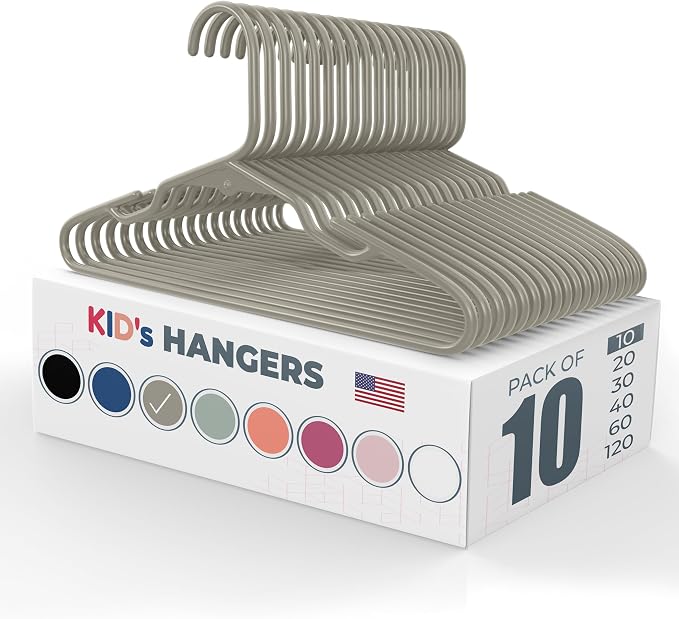 Plastic 12” Kids Hangers 10 Pack – Made in the USA – 5lb Capacity Baby & Toddler Clothes Hangers with Notches & Reinforced Edges – Fits Children’s Sizes Up to 8 – Gray by NeatiesHangers