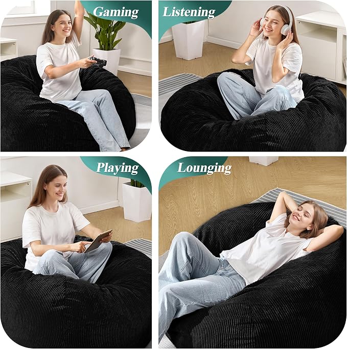 3FT Bean Bag Chair for Adults,3' Big Teardrop Beanbag with Filler | Beanbag Chair with Memory Foam Filled,Bean Bags with Handy Handle&Machine Washable Cover for Living Room,Bedroom-Black - Image 6