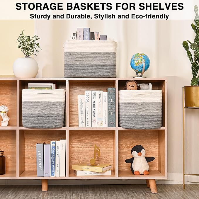 Storage Baskets for Organizing Shelves, Woven Cotton Rope Basket for Storage, Dog Toy Baskets Storage Kids, Book Bins for Living Room Bedroom, 14.8"×11"×9.5", Pack of 3, Gradient Grey - Image 3