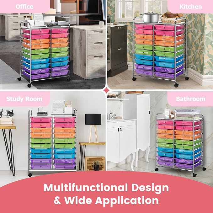 RELAX4LIFE 20 Drawer Rolling Storage Cart, Mobile Rolling Cart w/Drawers for School Classroom Teacher Office Home Salon, Paper File Art Supply Craft Organizer, Utility Cart on Wheels (Rainbow) - Image 7
