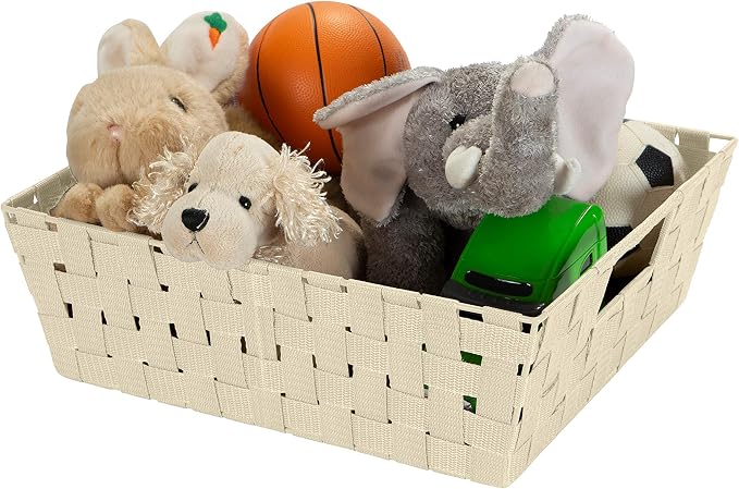 Simplify Large Shelf Woven Strap Tote | Decorative Storage Basket | Built in Handles | Organization | Closet | Bedroom | Bathroom | Nursery | Accessories | Toys | Gifts | 2 Pack | Ivory - Image 7