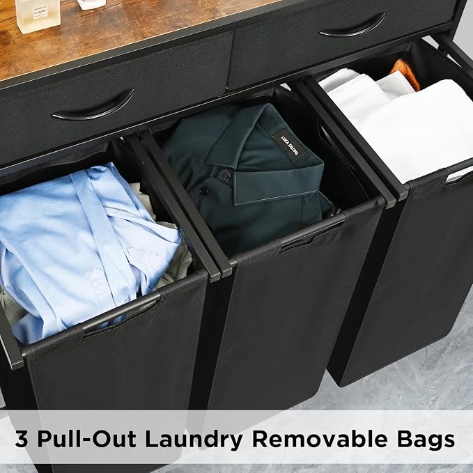 180L Laundry Sorter Hamper Basket 3 Section with Shelf & 2 Drawers | 3 Compartment Clothes Storage Organizer Cart, Pull-Out Removable Oxford Fabric Bags - Image 5