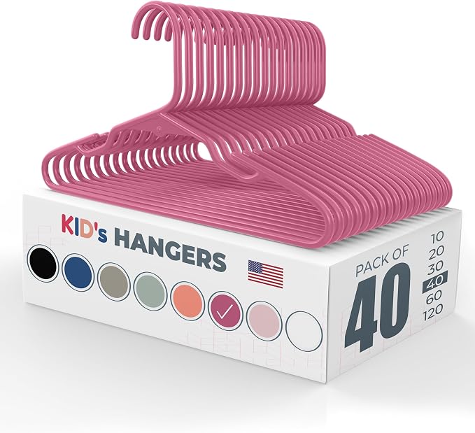 Plastic 12” Kids Hangers 40 Pack – Made in the USA – 5lb Capacity Baby & Toddler Clothes Hangers with Notches & Reinforced Edges – Fits Children’s Sizes Up to 8 – Pink by NeatiesHangers