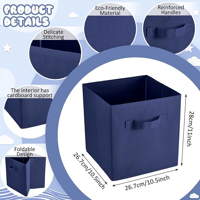 Yinder 12 Pcs Cube Storage Bin 10.5''x10.5''x11'' Storage Bins for Playroom Decor Colorful Bins for Kids Foldable Baskets for Nursery Organizer Boxes Fabric Boxes(Navy Blue, Red, Yellow) - Image 2