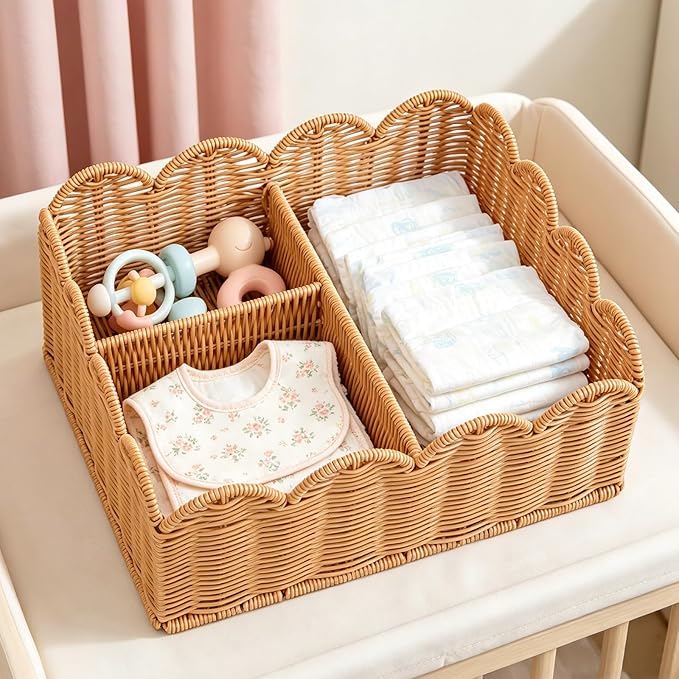Rattan Divided Scalloped Basket,Wicker Diaper Caddy Scalloped Baske,Woven Natural Basket with 4 Dividers,Suitable for Baby Rooms, Bathrooms, Bedrooms (Imitation Rattan) - Image 2