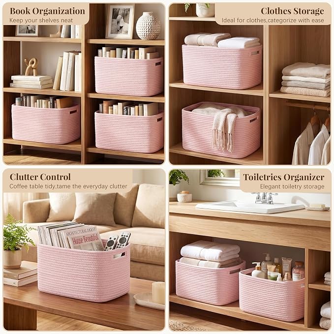 OIASKET 4Packs Natural Cotton Rope Storage Baskets for Organizing Toys, Clothes, Towels & Books, Soft Versatile Organizers for Shelves, Home Decorative Bins, 13''Lx9''Wx7.8''H, Pink - Image 5