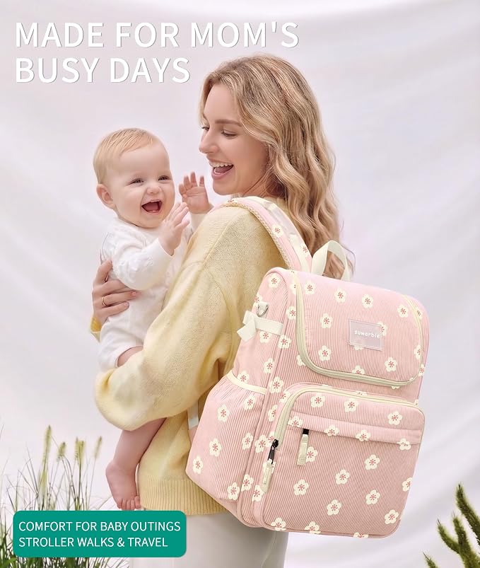 Large Corduroy Diaper Bag Backpack for Mom, 25L Baby Travel Bag with Insulated Bottle Pockets, 40oz Side Strap & Stroller-Ready Straps - Image 2