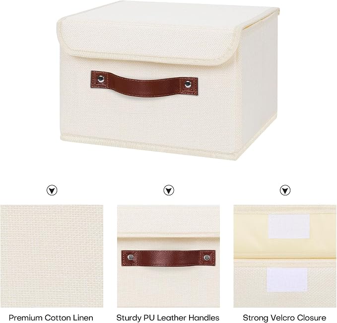 ANMINY Fabric Storage Box Bins with Lids, Beige, 10"x8"x7", 2 Pack | Keepsake Memory Storage, Cotton Linen, PP Board Reinforced, Washable, PU Handles, Foldable & Stackable, Decorative, Small - Image 3