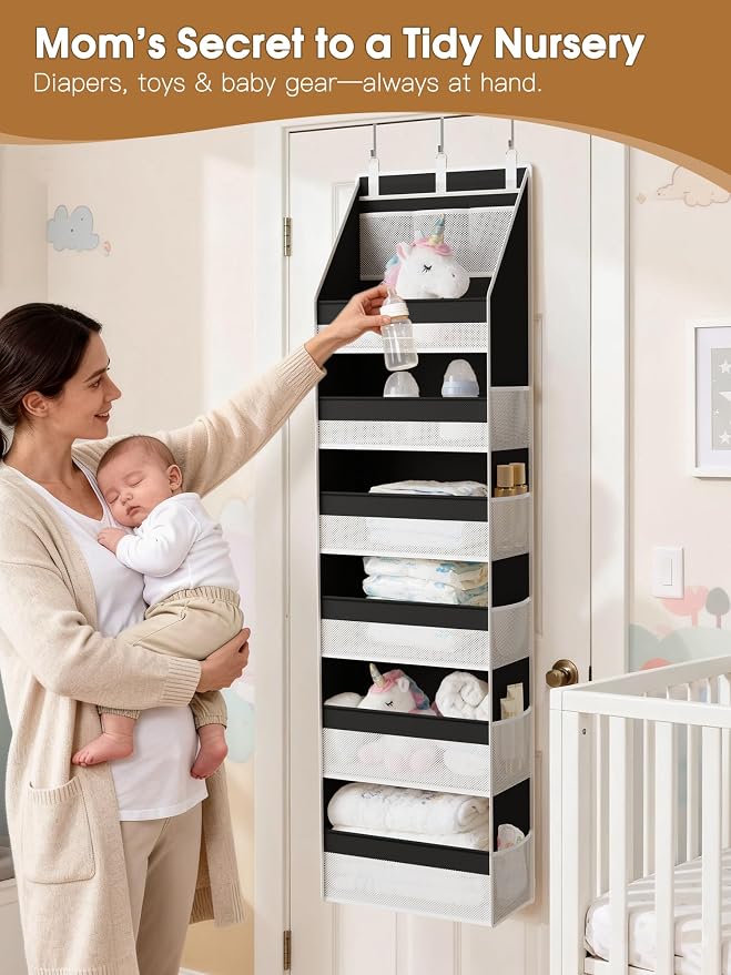 2 Pack Over the Door Organizer, Heavy-Duty 6-Shelf Hanging Storage with 13 Mesh Pockets, 55lbs Capacity Behind the Door Storage for Nursery, Bathroom, Bedroom, and Dorm, Black - Image 4