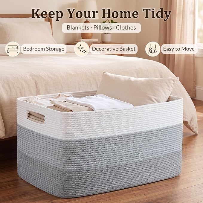 OIAHOMY 108L Super Large Blanket Basket, 25”x16”x16”(108L) Rectangle Woven Baskets for Storage, Cotton Rope Basket For Living Room, Toy Storage with Handle - Gradient Grey | Rectangle Woven Baskets for Storage Cotton Rope Basket For Living Room Toy Sto... - Image 5