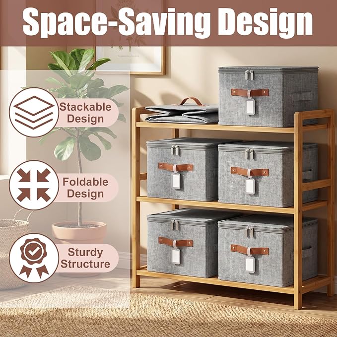 6 Pack Fabric Bins with Lids, 10 x 8 x 7 Inch Fabric Storage Bins with Zipper Lids and Labels, Decorative Foldable Storage Cubes with Handles for Closet Nursery Shelf Organization, Gray - Image 5