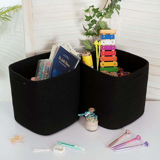 3-Pack 11x11 Inch Cube Storage Bin, Woven Organizer, Closet Cute Square Bins, Decorative Classroom Bathroom Pantry and Shelf Baskets, Full Black (MD-196) - Image 6
