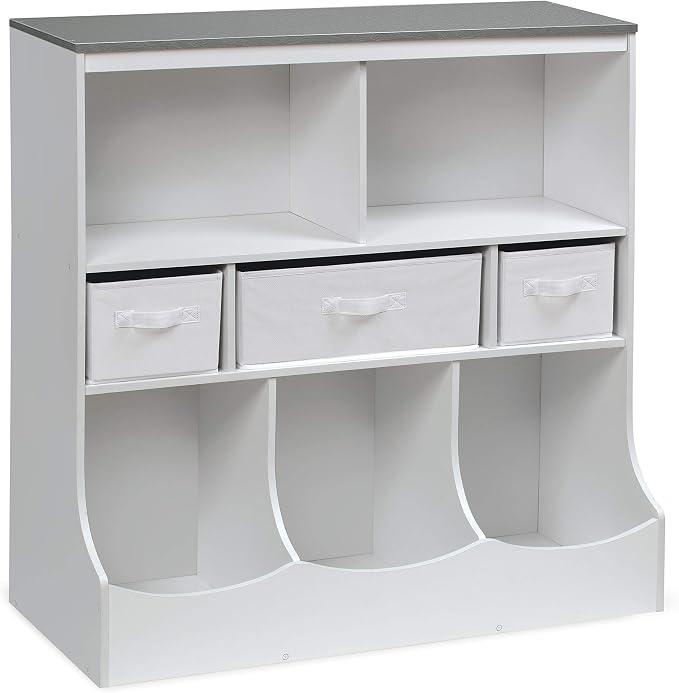 Badger Basket Combo Bin Toy Storage Unit and Book Shelf for Kids with 3 Baskets - White/Gray | Kids storage organizer with 3 removable baskets, open shelves & display top for toys, books, clothes & more. by BadgerBasket