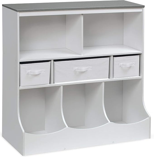 Badger Basket Combo Bin Toy Storage Unit and Book Shelf for Kids with 3 Baskets - White/Gray | Kids storage organizer with 3 removable baskets, open shelves & display top for toys, books, clothes & more. by BadgerBasket
