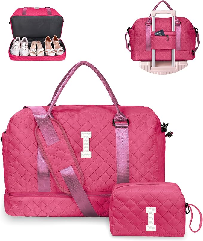 Monogrammed Gift for Woman, Gifts for Women-Initial Travel Bag | Personalized Weekender Bag with Shoe Compartment, Monogram Overnight Bag for Women, Travel Bag with Makeup Bag (Letter I) by Vogewood