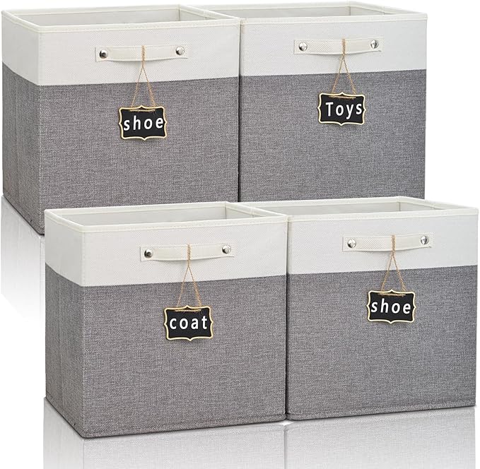 13x13x13 Storage Cube Bins 4 Pack,Collapsible Fabric Storage Cubes with Labels,Linen Cube Storage Organizer Bins with Cotton Handles,Square Storage Cubes for Home,Office,Clothes,Cabinet(White Grey). by Storageexperts