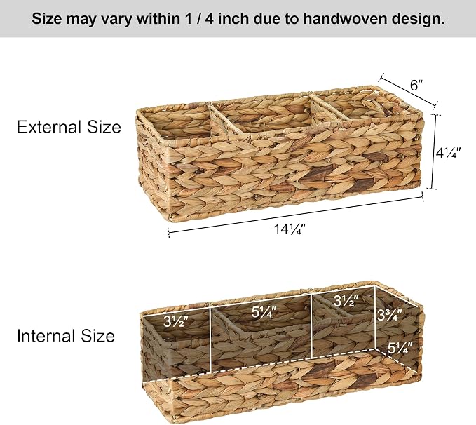 StorageWorks Toilet Paper Basket, 3-Section Water Hyacinth Storage Baskets | Wicker Basket, Toilet Paper Storage for Back of Toilet Tank, Woven Baskets for Shelves, Wicker Baskets with 3 Compartments - Image 7