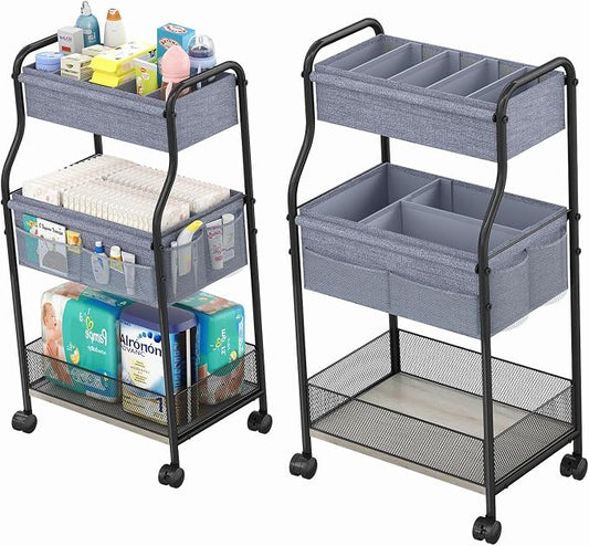 3-Tier Baby Diaper Caddy Organizer and Storage Cart, Mobile Metal Utility Cart with Rolling Wheels for Nursery Essentials with 4+2 Dividers, Large Capacity Rolling Cart For Bedroom, Bathroom, Nursery by Cidaziya
