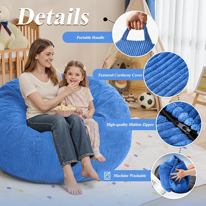 4FT Bean Bag Chair for Adults,Large Teardrop Beanbag with Filler | Beanbag Chair with Memory Foam Filled,Bean Bags with Handy Handle&Machine Washable Cover for Living Room,Bedroom-Blue - Image 5